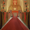 A red and black themed church, ready for a wedding!